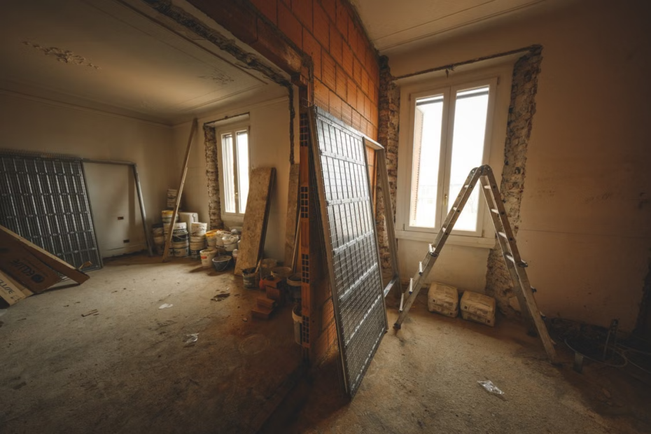 imagem de uma obra em andamento com materiais de construção espalhados